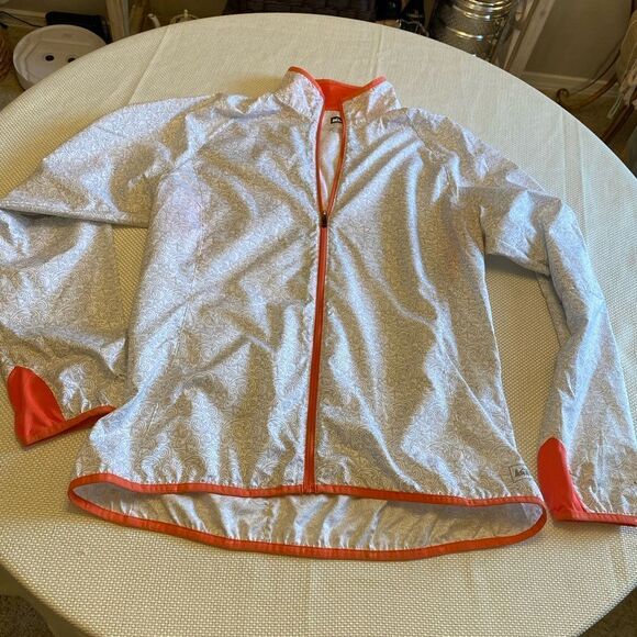 REI lightweight windbreaker reflective scroll pattern size large coral grey